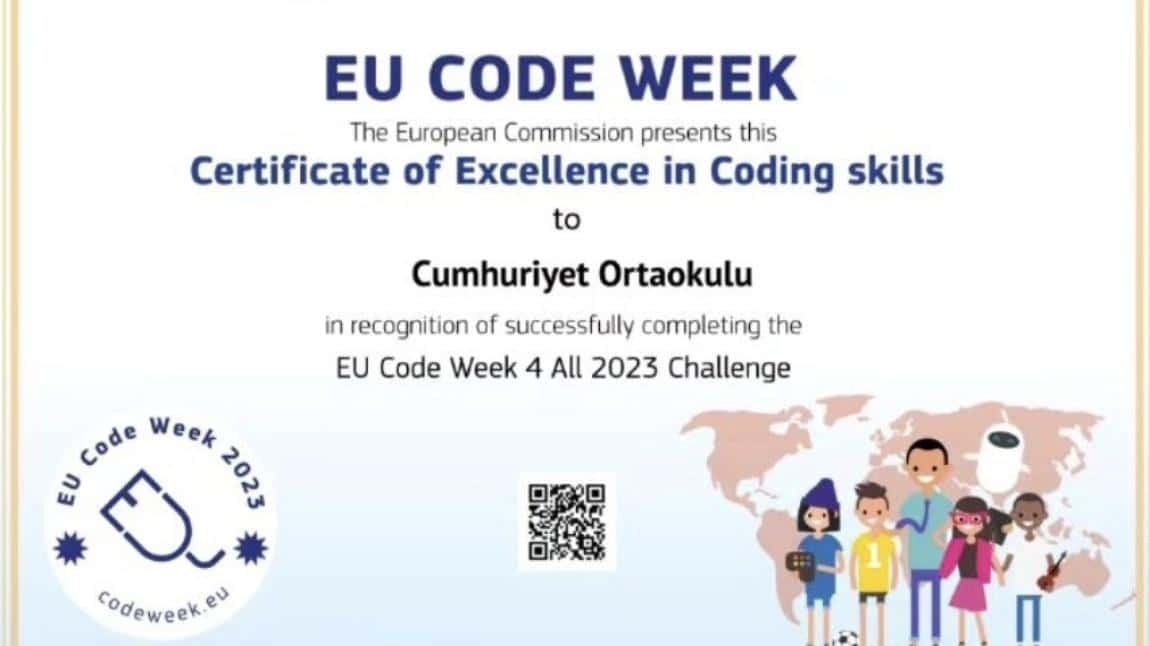 Codeweek Avrupa Birliği Kodlama Festivali projemiz mükemmellik sertifikası aldı.
